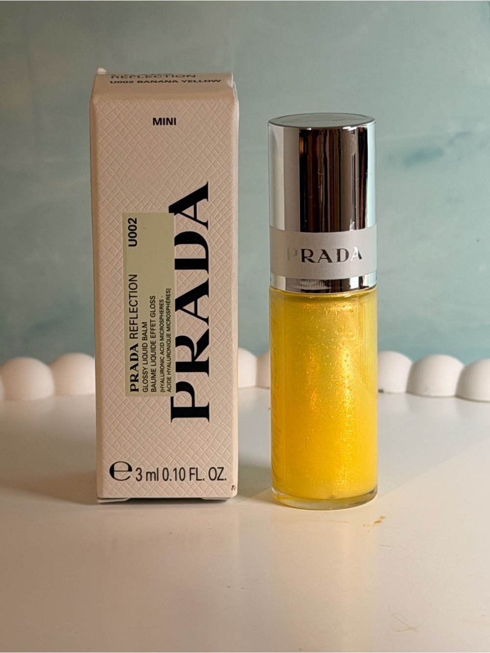 Prada Reflection Glossy Liquid Lip Gloss Balm U002 Banana Yellow Mini 3mL NEW